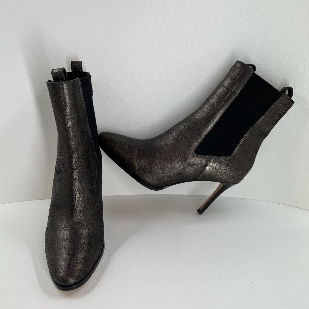 PAIGE Celeste Ankle Bootie Size 8.5 Stiletto Heel Gunmetal Croc Leather Metallic - Picture 6 of 14